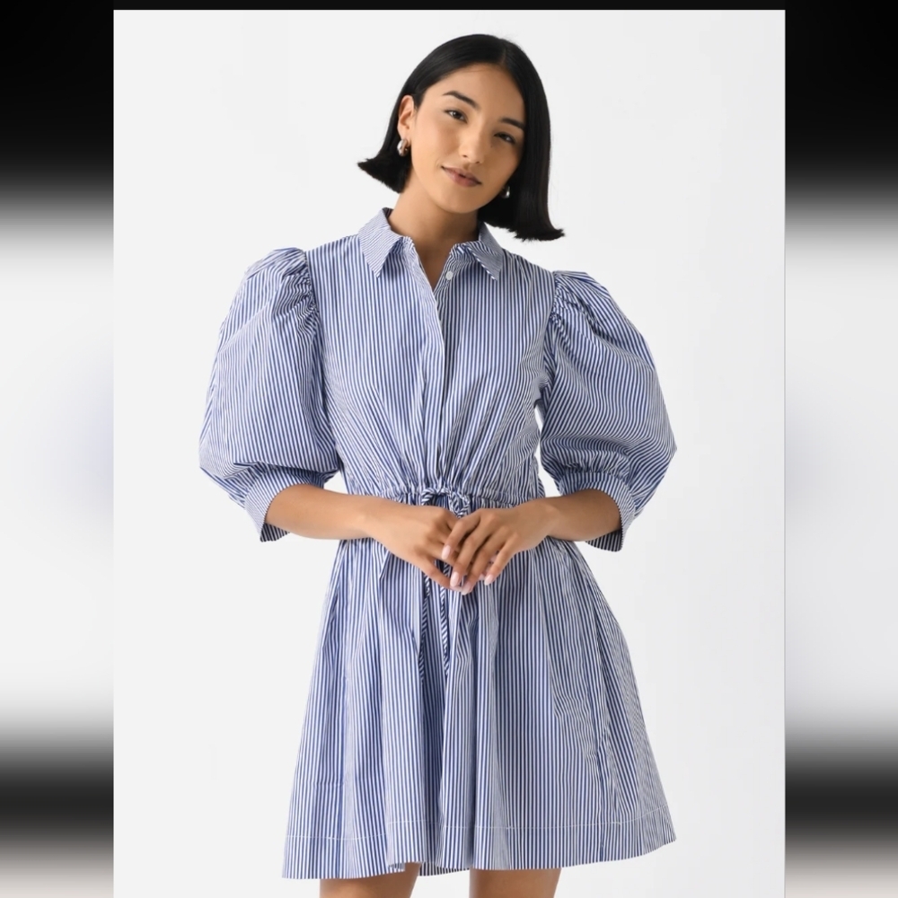 Hunter Bell Blue & White Pinstripe Puff-Sleeve Midi Shirt Dress